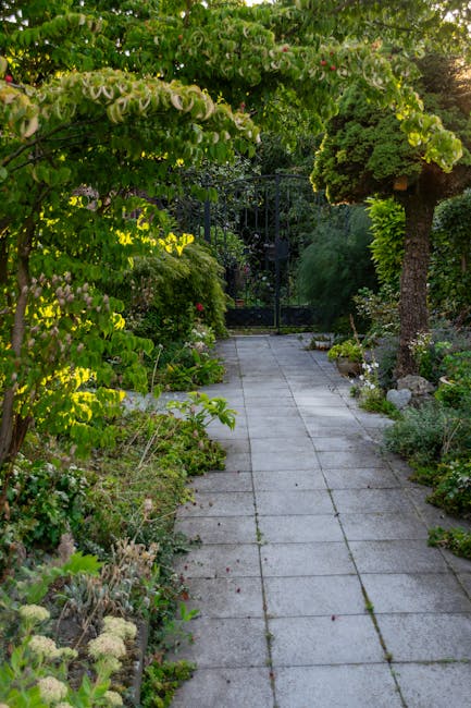 A narrow garden pathway made of rectangular grey paving stones stretches into the distance, bordered by lush, overgrown garden beds on both sides. On the left, various plants with green foliage and sm